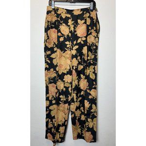 Max Mara Linen Wide Leg Floral Pants Black with Roses size 12
